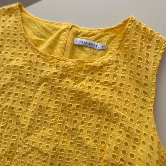 ALFRED SUNG Vintage Quite Luxury Yellow Eyelet Embroidered Sleeveless Dress 8 - Picture 6 of 7